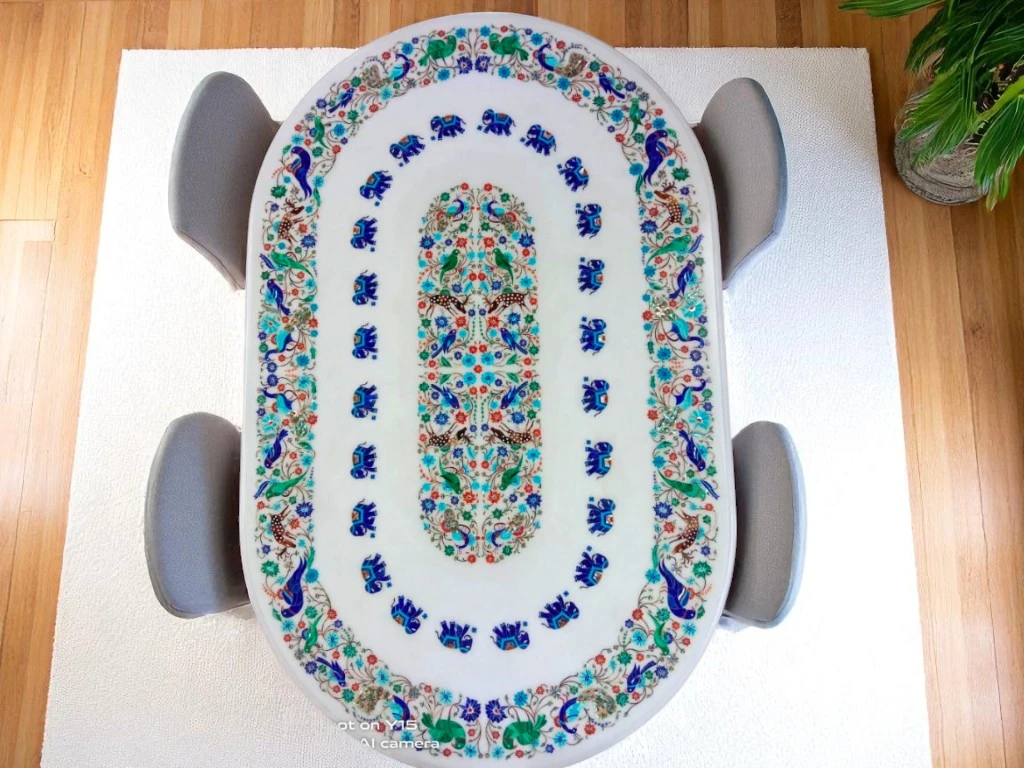 Luxury Marble Inlay Table Top Oval Design with Floral Gemstone Art